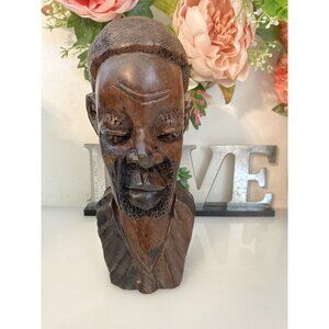 Vintage 1960s Tribal Man Hand Carved African Male Exotic Wood 8" Head Bust Stump